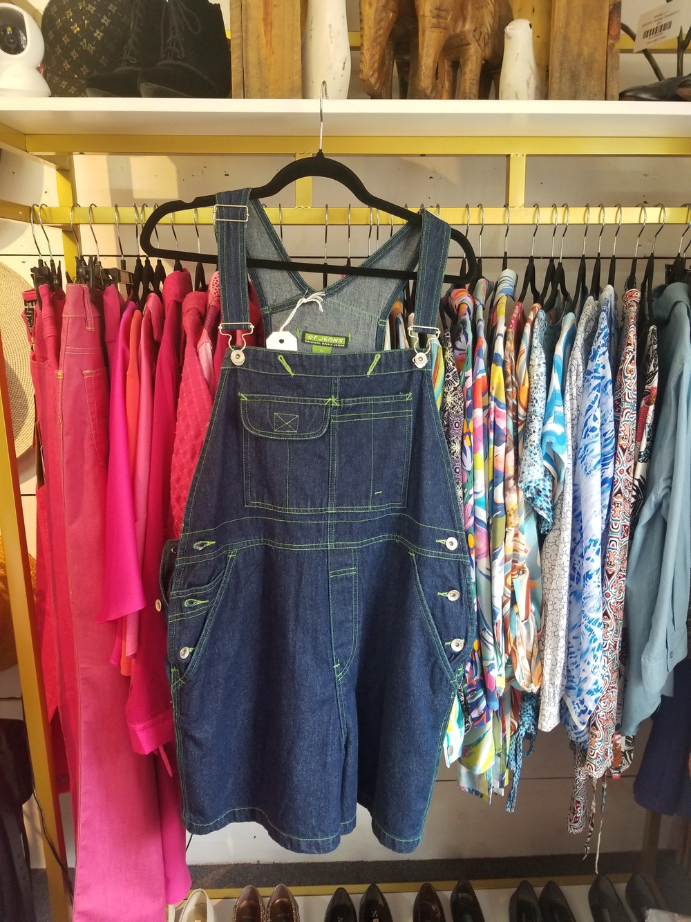 Dark Blue Denim Short Overalls with Contrast Stitching